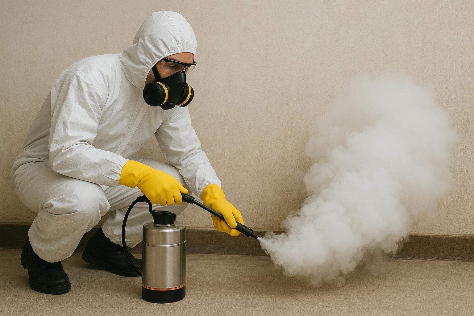 Personal con equipo de protección, fumigación y limpieza especializada en plomería.